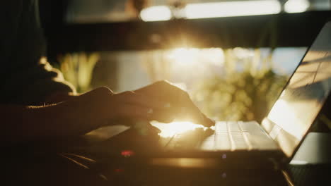 Female-hands-on-the-laptop-keyboard.-Silhouette-against-the-background-of-a-window-from-which-the-setting-sun-shines