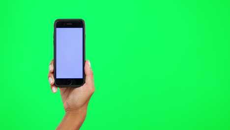 Hand,-mockup-and-a-person-with-a-phone-on-green