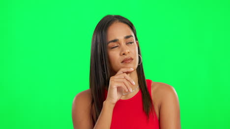 Thinking,-face-and-green-screen-woman-planning
