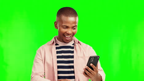 Phone,-winner-and-man-on-green-screen-for-winning