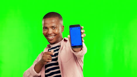 Happy-black-man,-phone-and-mockup-on-green-screen