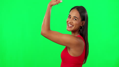 Woman,-power-and-champion,-flexing-on-green-screen