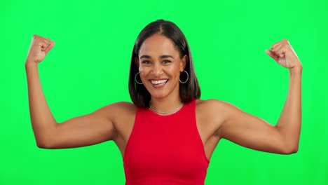 Woman,-face-and-champion,-flexing-on-green-screen