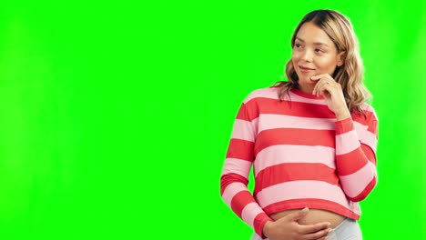 Thinking,-pregnant-woman-and-smile-on-green-screen