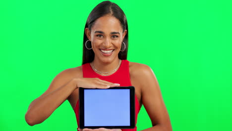 Woman,-green-screen-and-tablet-with-smile