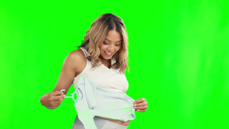Baby-clothes,-happy-and-pregnant-woman-on-green