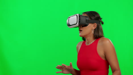 Woman,-green-screen-and-virtual-reality-glasses
