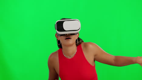 Woman,-green-screen-and-vr-glasses-in-studio