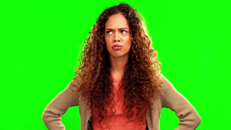 Confused,-question-and-woman-in-green-screen