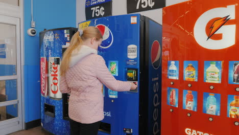 Lockport,-NY,-USA,-October-2021:-The-child-buys-a-carbonated-drink-from-the-vending-machine.