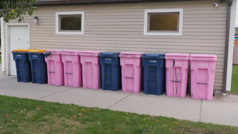 Pink-garbage-cans-mixed-with-blue-ones-stand-against-the-wall-of-the-house