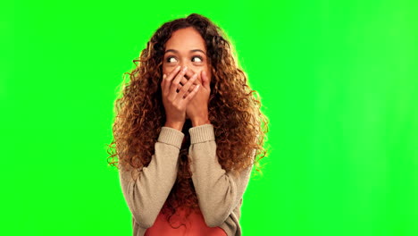 Green-screen,-wow-and-hands-on-face-of-happy-woman
