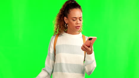 Shock,-omg-and-woman-with-phone-on-green-screen