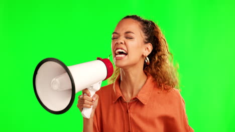 Angry-woman,-megaphone-and-screaming-on-green