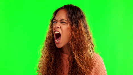 Angry,-screaming-and-woman-in-green-screen-studio