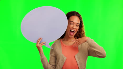 Happy-woman,-face-and-pointing-to-speech-bubble