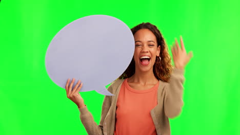 Woman,-face-and-pointing-to-speech-bubble-on-green