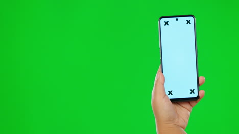 Hand,-phone-and-green-screen-for-marketing
