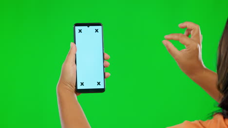 Woman,-hands-and-phone-mockup-on-green-screen