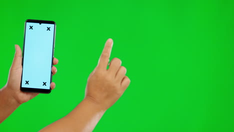 Hands,-phone-and-mockup-touch-on-green-screen