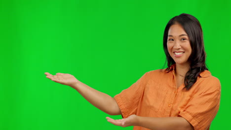 Happy-asian-woman,-hands-and-presentation-on-green