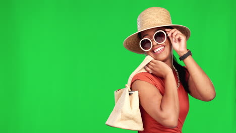 Tourist,-girl-and-green-screen-with-sunglasses