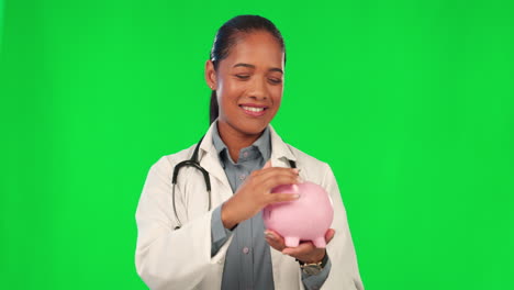 Piggy-bank,-doctor-and-green-screen-in-OK-sign