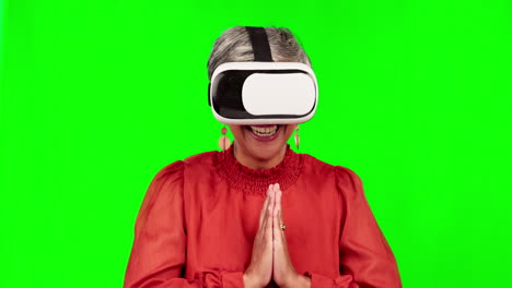 VR,-glasses-and-woman-praying-on-green-screen