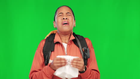 Sneeze,-hiking-and-sick-woman-on-green-screen