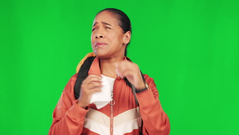 Sneeze,-sick-hiker-and-woman-on-green-screen
