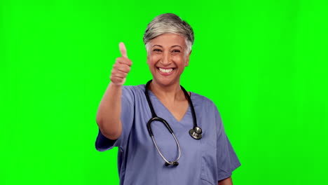 Thumbs-up,-doctor-woman-and-green-screen