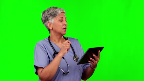 Nurse,-senior-woman-and-tablet-on-green-screen