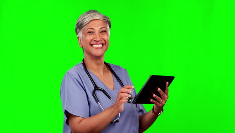 Krankenschwester,-Gesicht-Einer-Frau-Und-Tablet-Auf-Grünem-Bildschirm