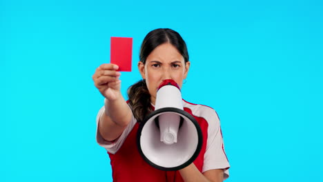 Referee-woman,-studio-and-red-card-in-hand