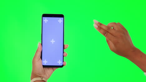 Woman,-hands-and-browsing-phone-on-green-screen