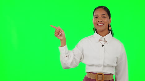 Happy-woman,-hands-and-pointing-on-green-screen