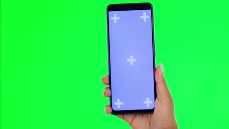 Woman,-hands-and-phone-on-green-screen-for-social