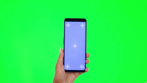 Woman,-hands-and-phone-on-green-screen