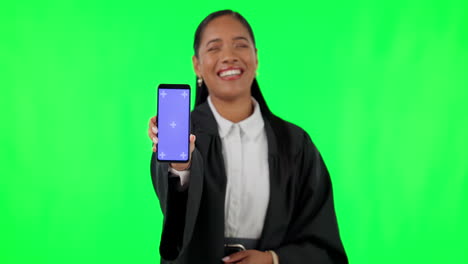 Phone,-green-screen-and-happy-with-face-of-judge
