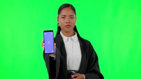 Phone,-green-screen-and-face-of-judge
