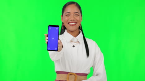 Phone,-green-screen-and-smile-with-business-woman