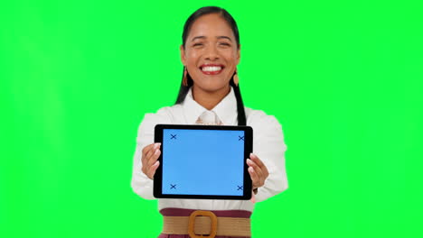 Happy-woman,-hands-and-tablet-mockup-on-green