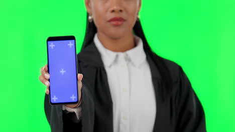 Phone,-green-screen-and-lawyer-with-hand-of-judge