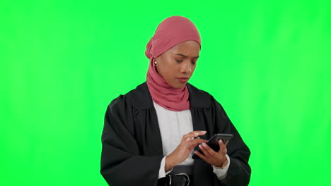 Islamic-woman,-phone-call-and-studio-with-green