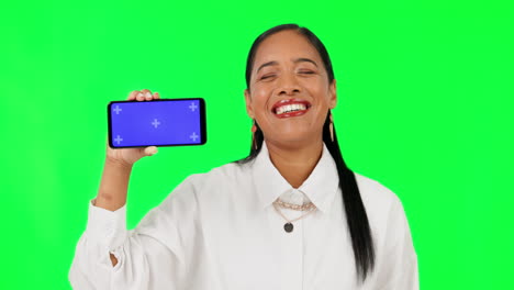 Phone,-show-and-business-woman-on-green-screen