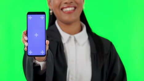 Phone,-green-screen-and-smile-with-hand-of-judge