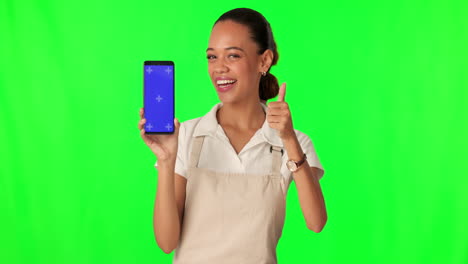 Phone,-green-screen-and-cashier-woman-in-thumbs