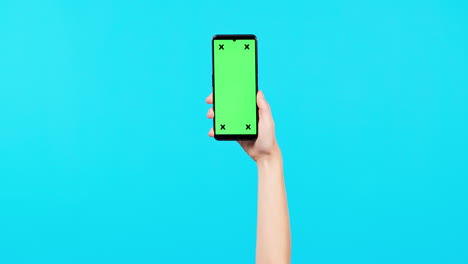 Person,-hands-and-phone-mockup-with-green-screen