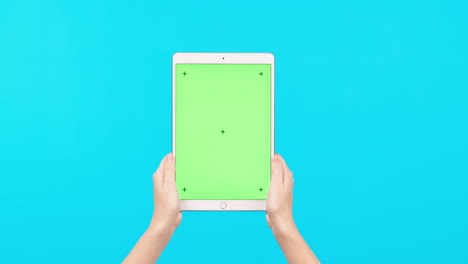 Person,-hands-and-tablet-on-mockup-with-green