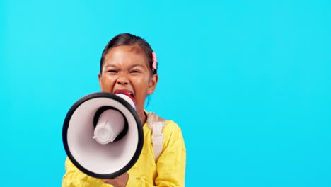 Megaphone,-noise-and-face-of-girl-child-screaming